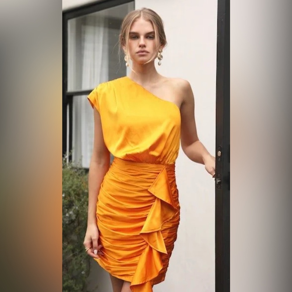 Greylin One-Shoulder Dress in Vibrant Orange, Size M, L, New With Tags